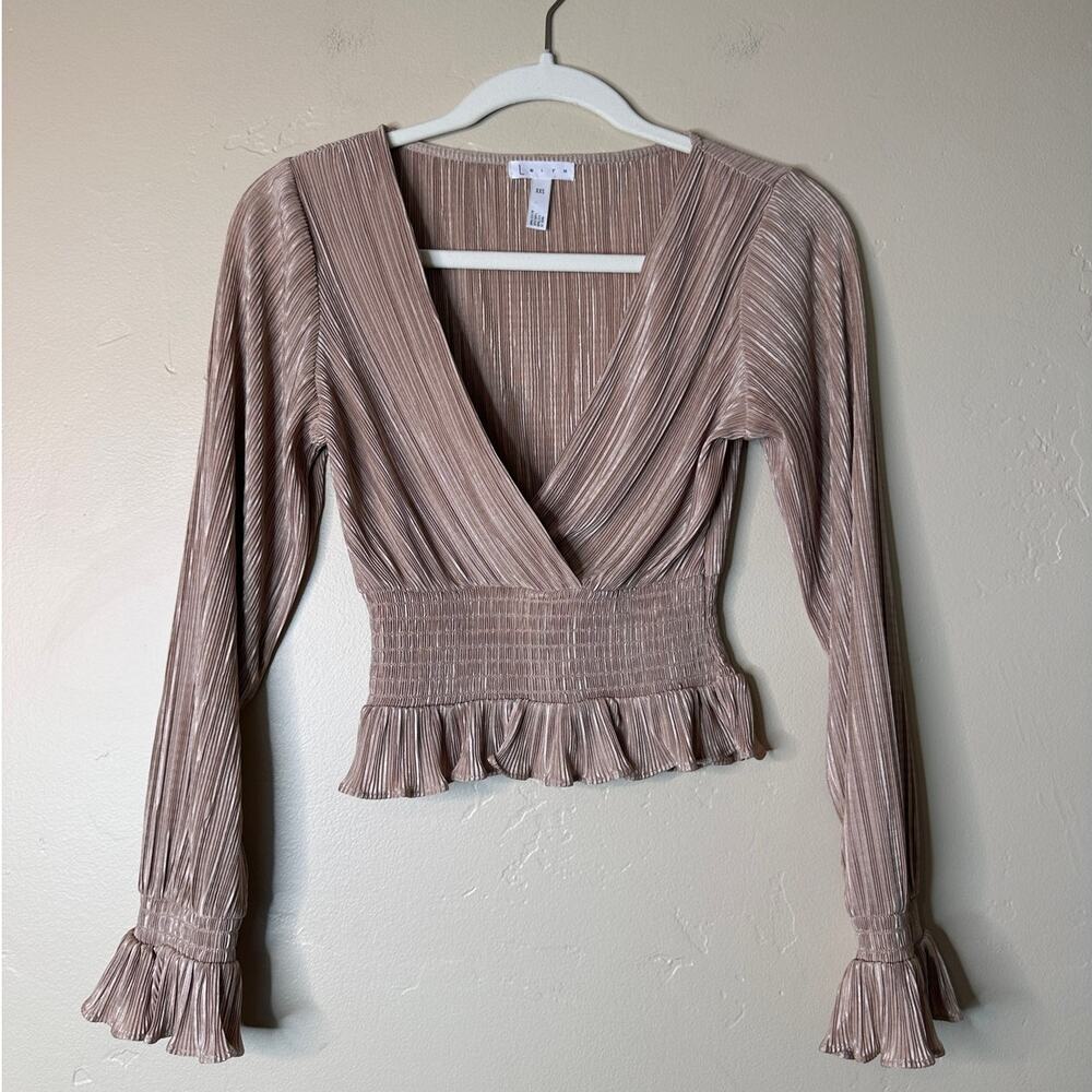 Leith Shimmery Tan Deep V Cropped Long Sleeve Blouse Top Shirt XXS